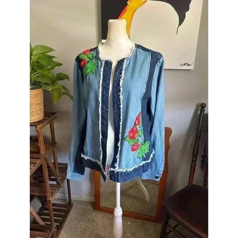 Embroidered Open Front Denim Jacket
